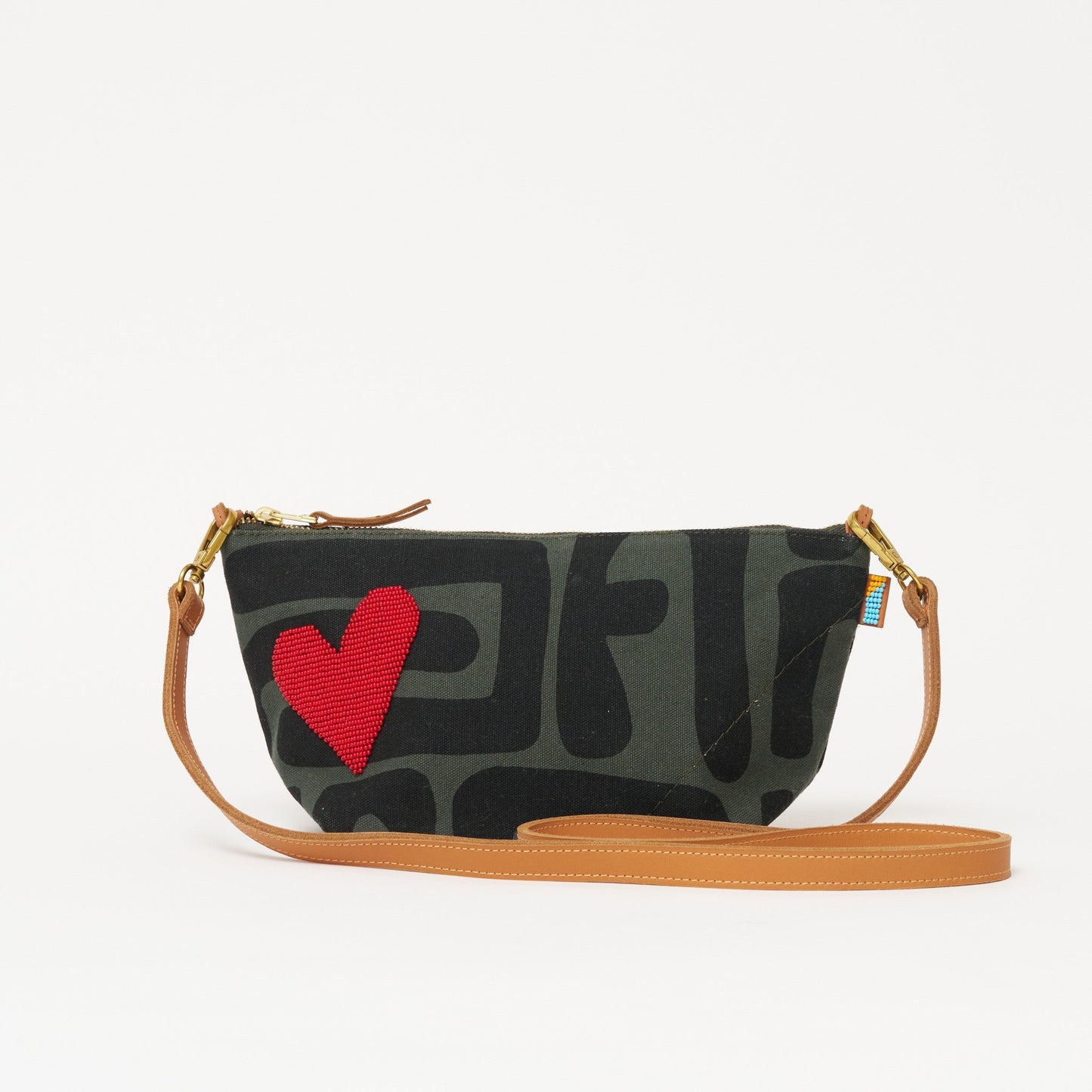 Large Convertible Pouch - Safari Kuba with Beaded Red Heart with Medium Leather Strap