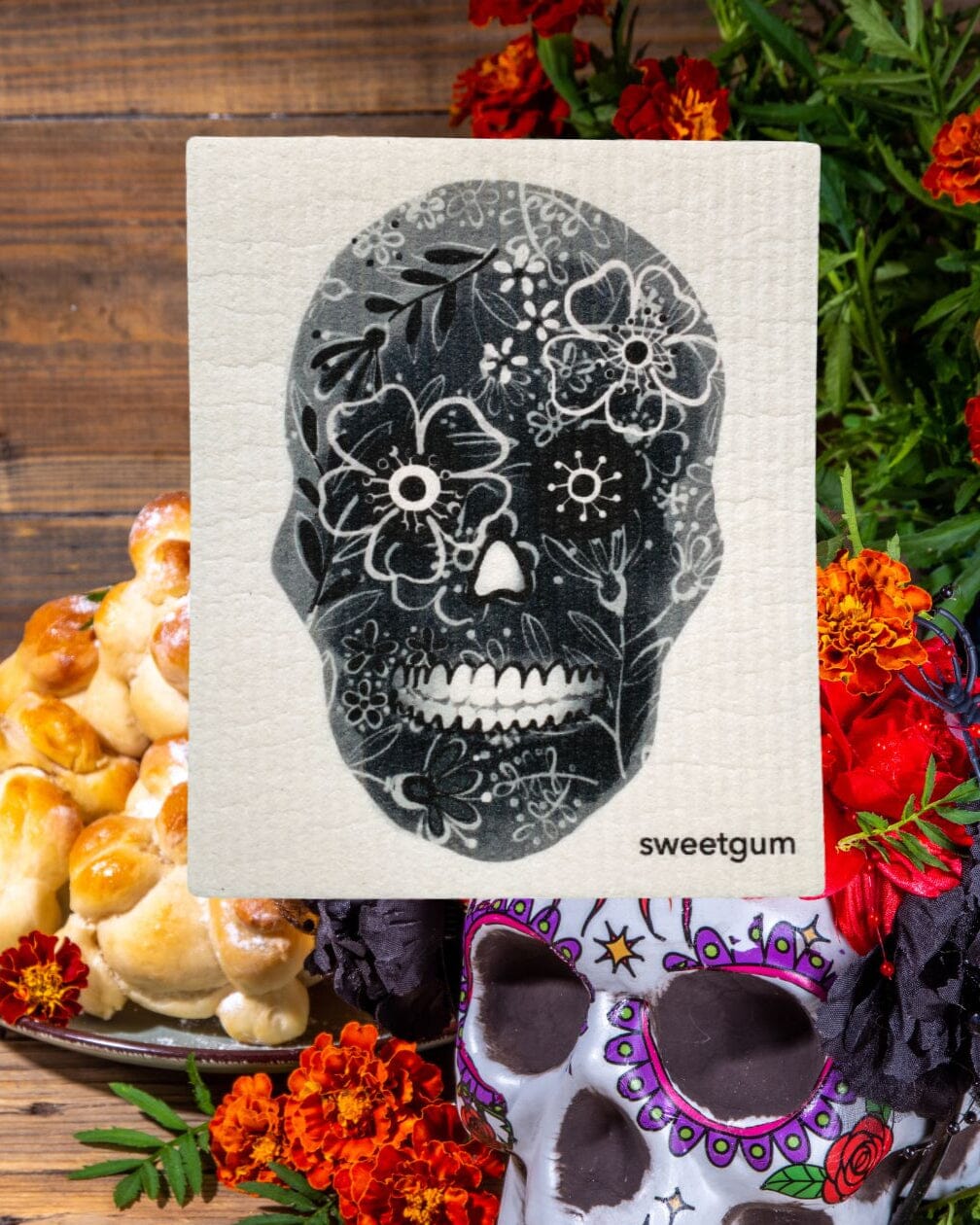 Black Flower Skull Swedish Dishcloth | Halloween & Dia de los Muertos