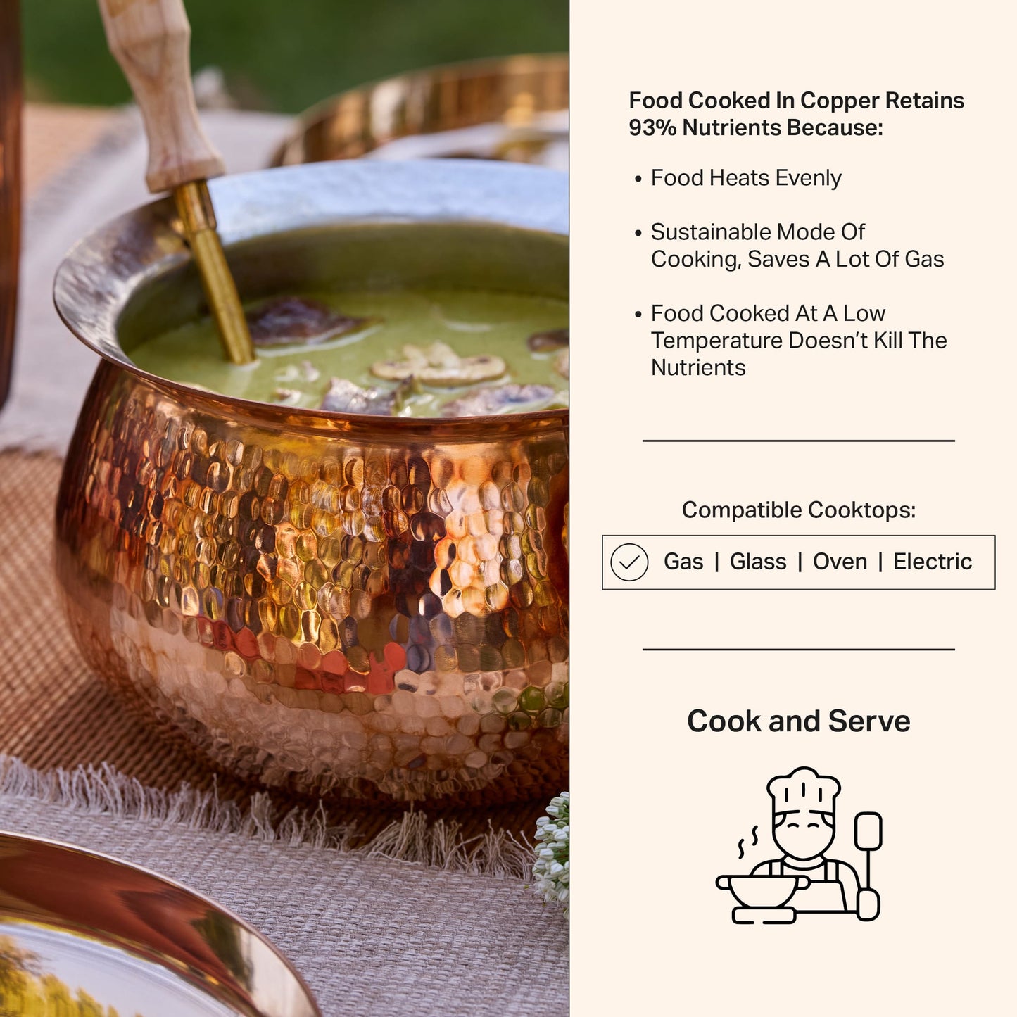 Copper Deep Bottom Cooking Pot - Stew Pot/Dutch Oven (Copper Madurai Handi)