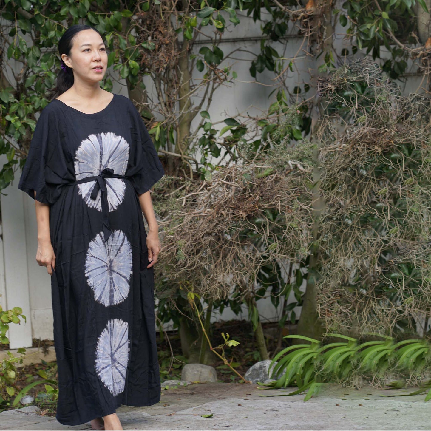 Kaftan Tie Dye Long Dress Shibori Black White Floral Pattern