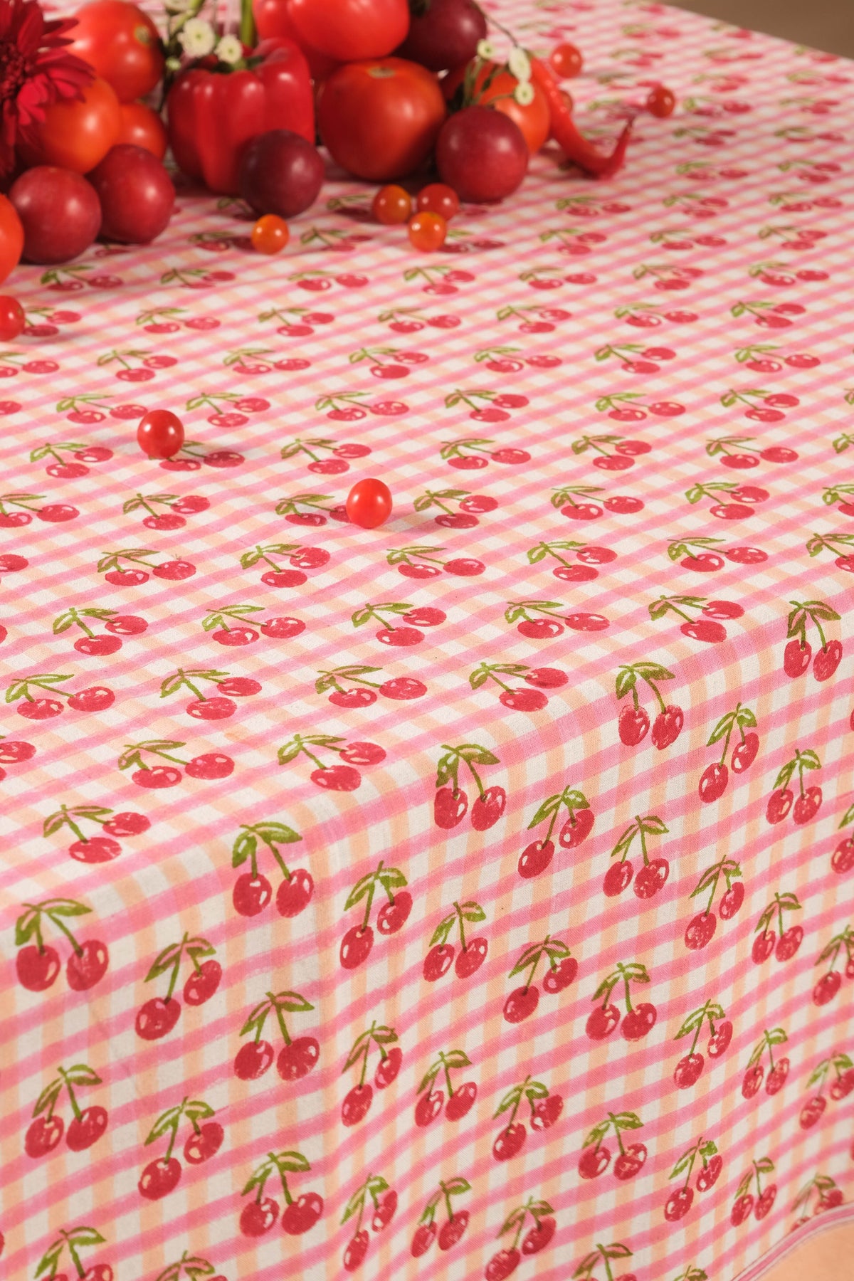 Cherry Blockprint Tablecloth in Red Gingham