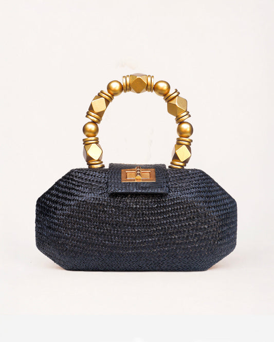 THE MELIA — Black Woven Straw Clutch with Beaded Top Handle
