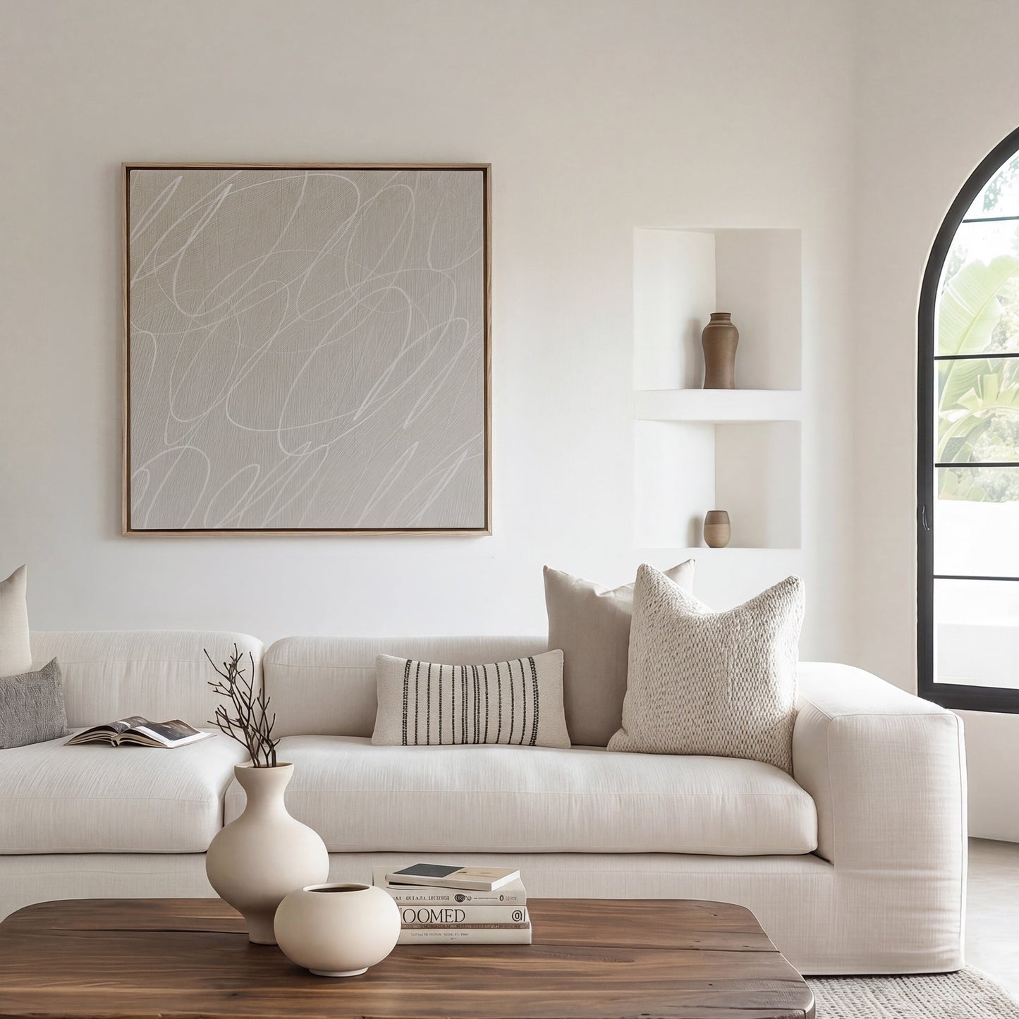 Abstract Marks in Neutral Framed Canvas Wall Art in French Linen