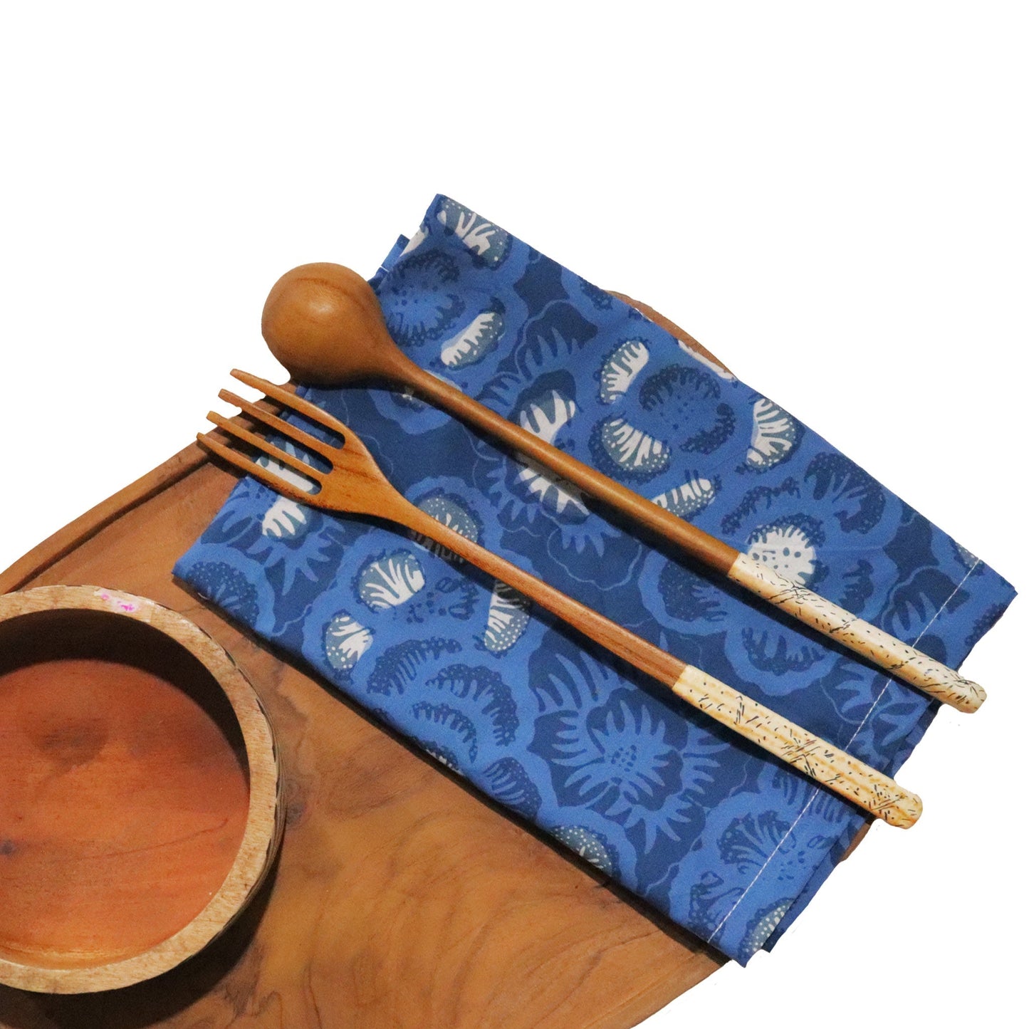 Batik Cloth Napkin Set of Four, Blue Roses, Hand Dyed, 100% Cotton