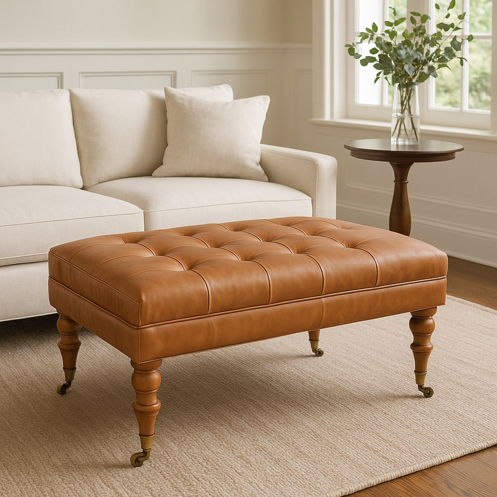 Solid Wood Buffalo Leather Ottoman