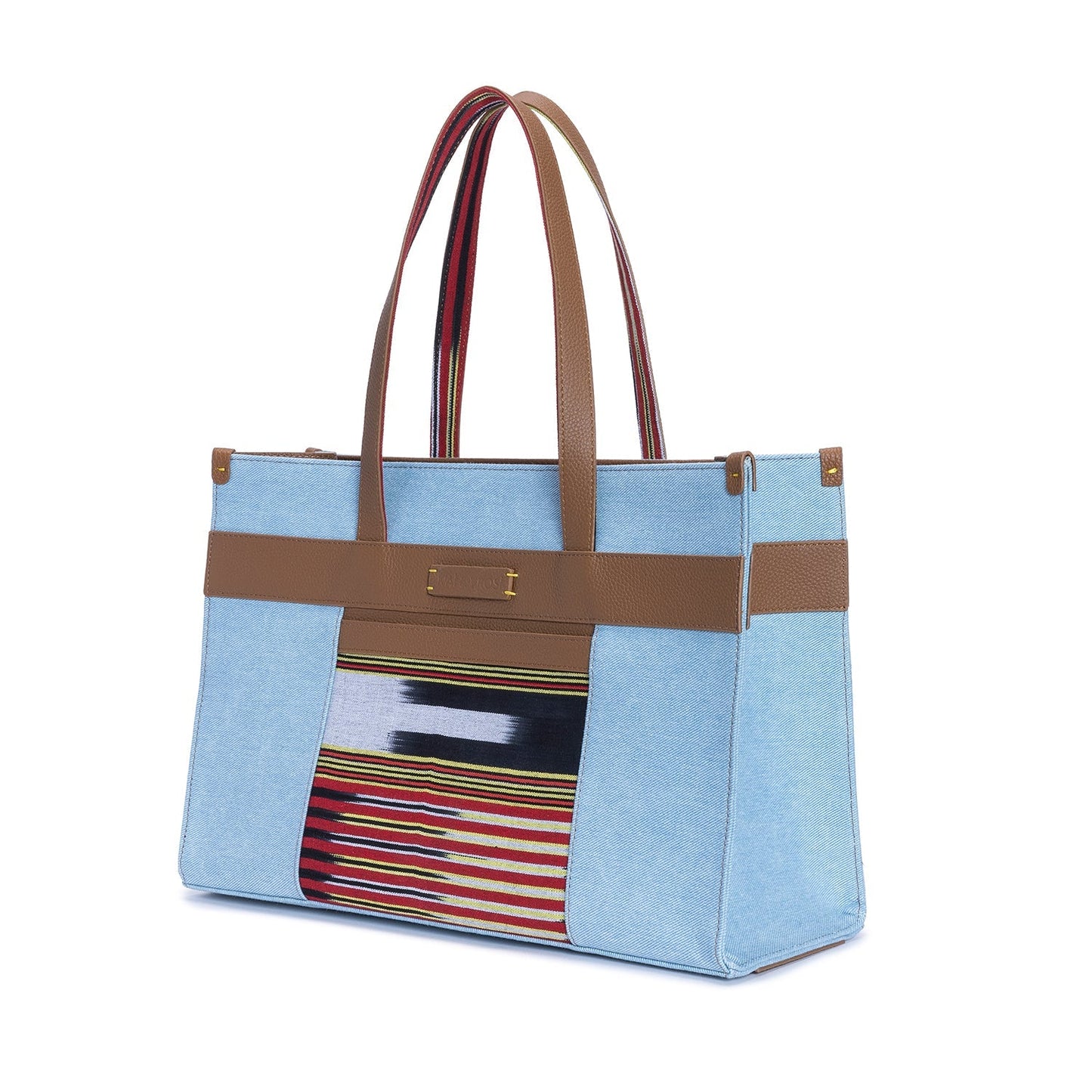 Tobacco Leather & Denim Canvas Tote Bag with Pockets