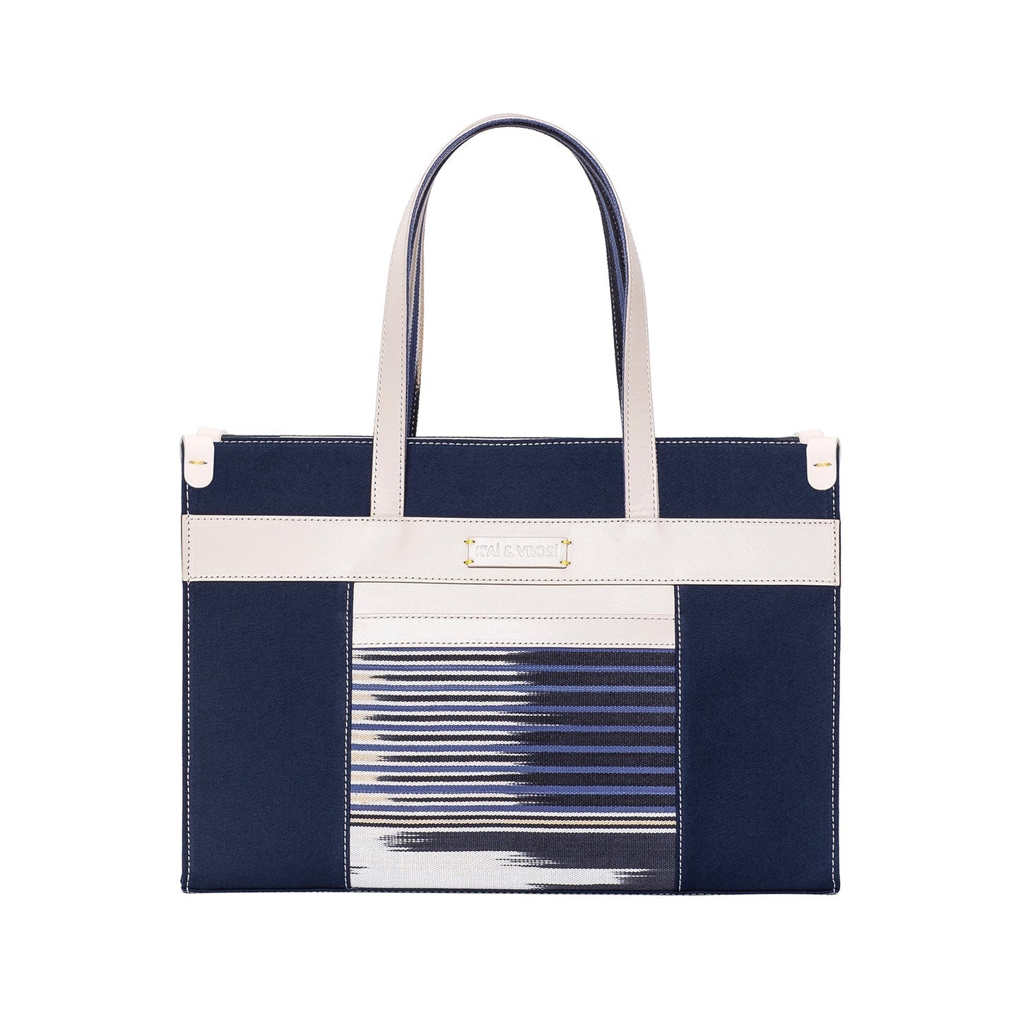 Navy Leather & Canvas Tote Bag with Pockets