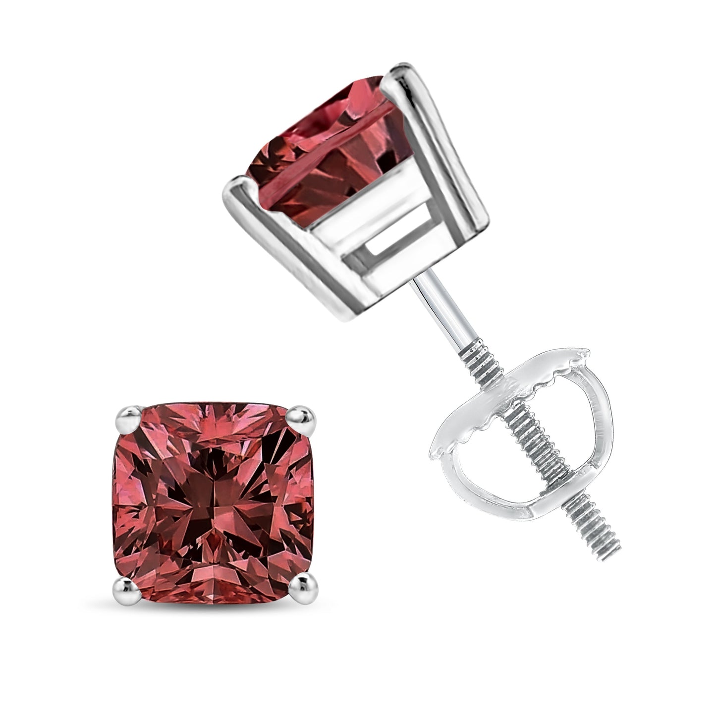 14K White Gold 1 1/2 Cttw Lab Grown Pink Cushion 4-Prong Set Classic Diamond Solitaire Stud Earrings (Pink Color, VS1-VS2 Clarity)