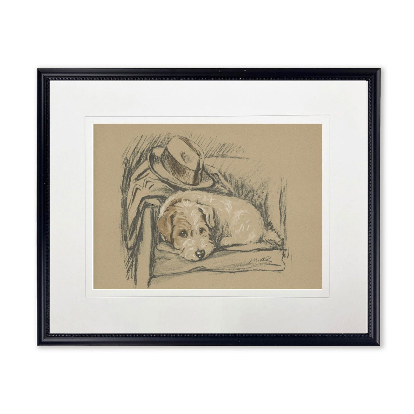 Dog with Hat Sketch Print in Black Frame
