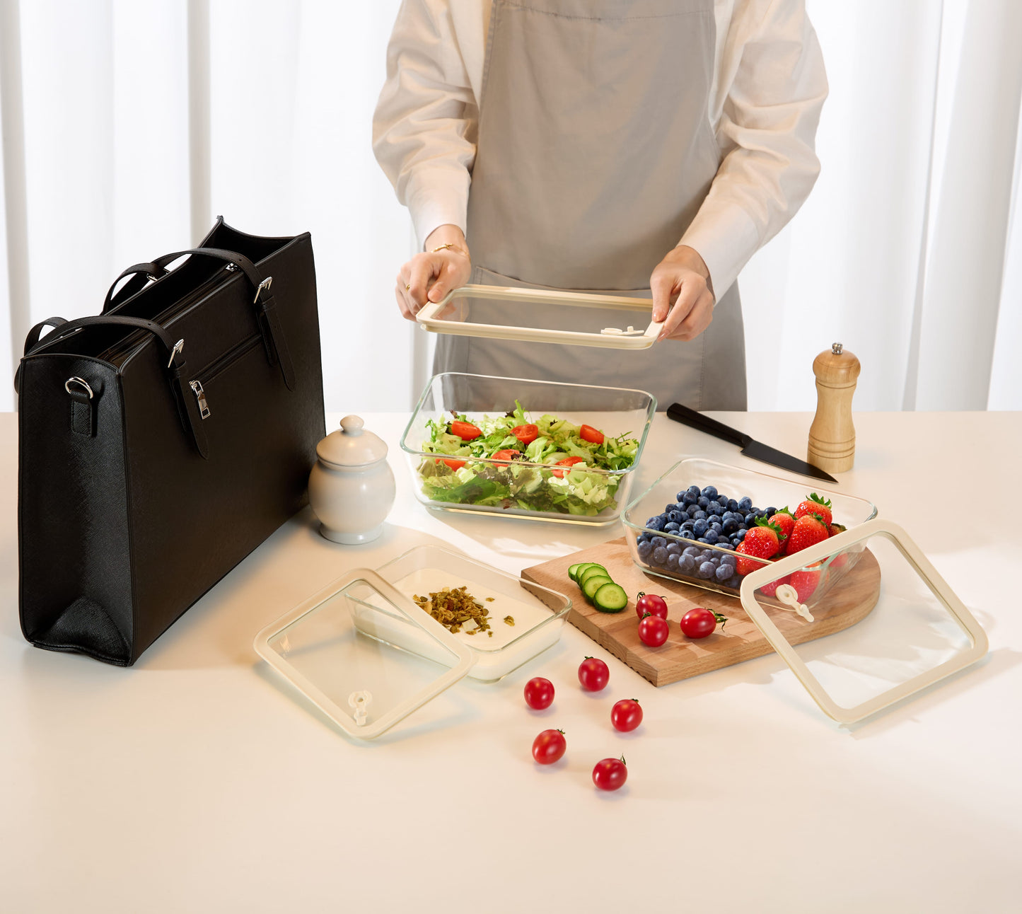 Glass Storage Container Set, with Lids, Rectangular, Clear/Sand, Set of 3