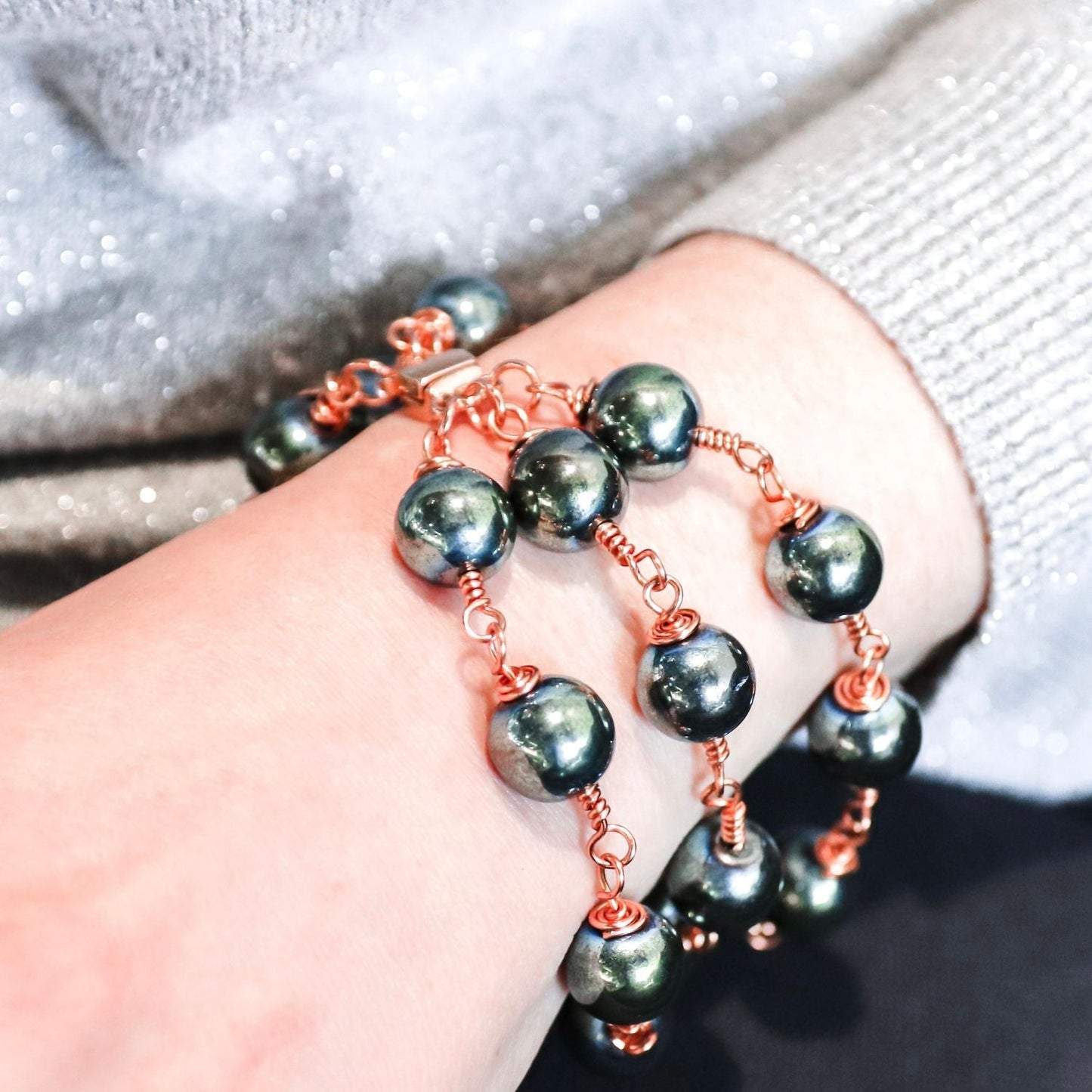 Jasmine Green Hematite 3-Strand Bracelet | Magnetic Clasp