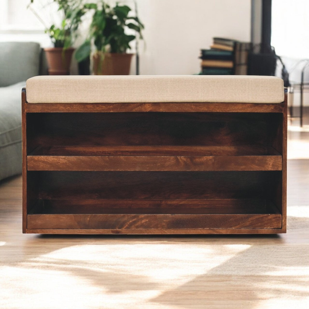 Solid Wood California Walnut & Mud Linen Pull out Shoe Bench