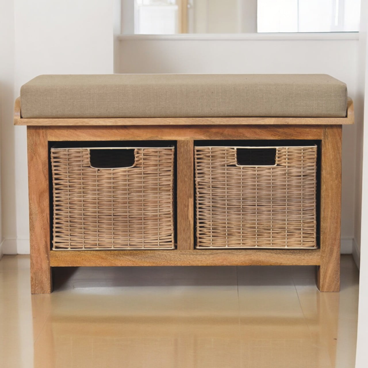 Solid Wood Rattan Basket Linen Upholstered Bench