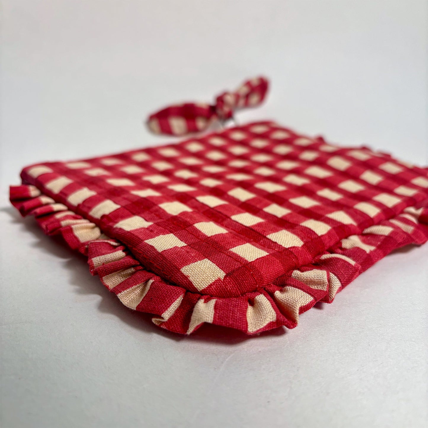 Quilted Cotton Travel Pouch with Red Checks and Ruffle Trim