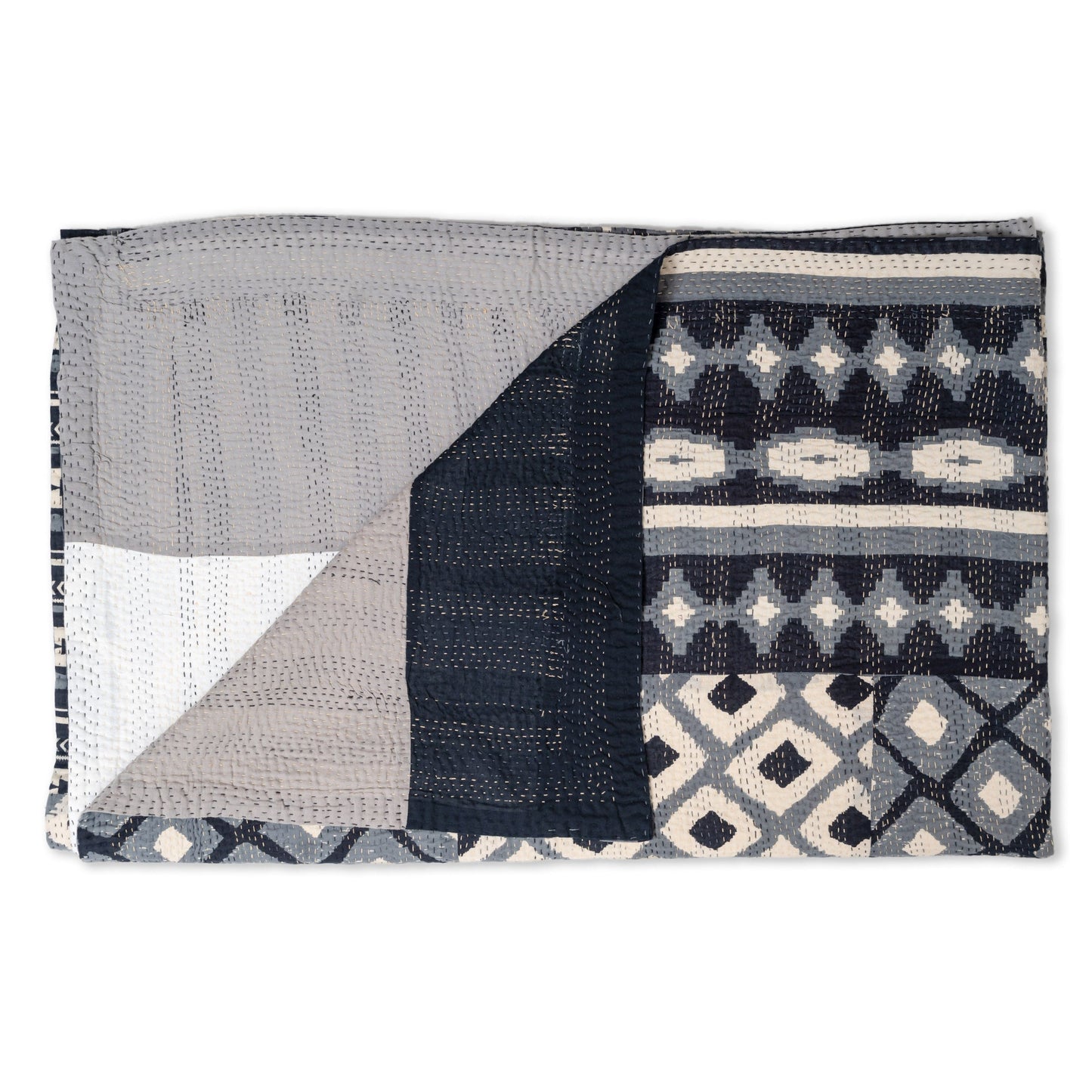 Monotone Ikat  Vintage Kantha Throw - Monotone Black