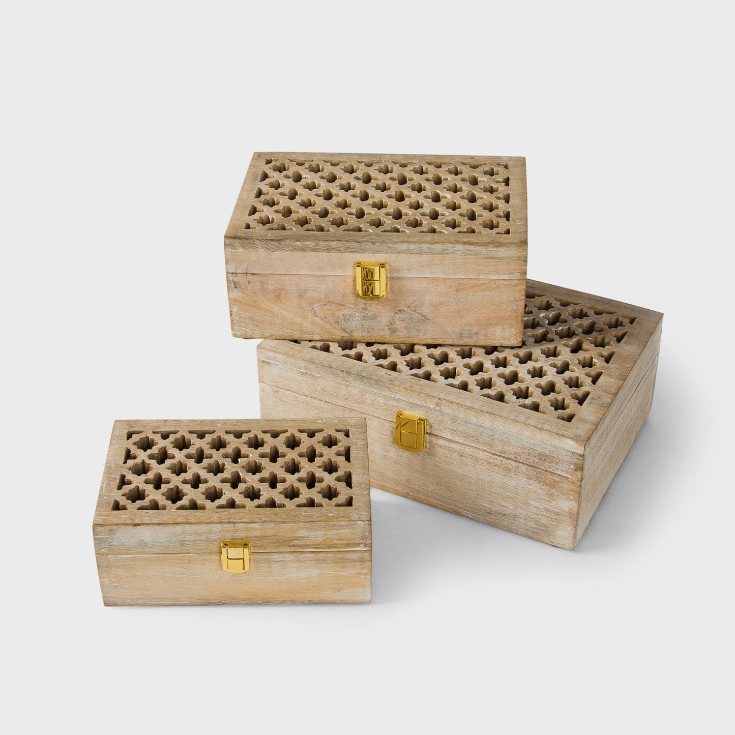 Mango Wood Trellis Keepsake Box with Compartments, Whitewash