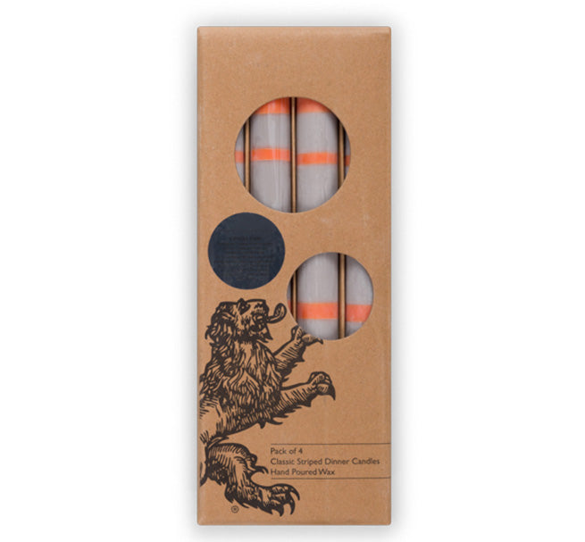 Striped Dinner Candles in Willow Grey and Orange Flame