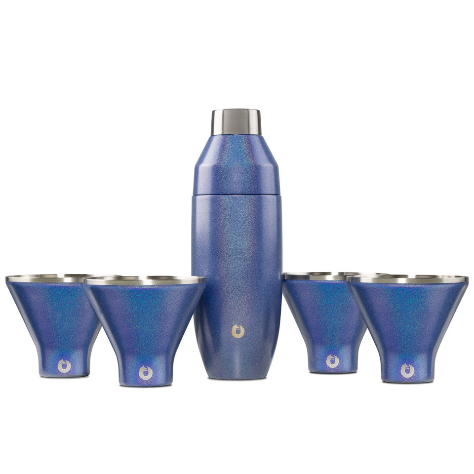 Stainless Steel Cocktail Shaker and Martini Glass Set, Shimmer Blue