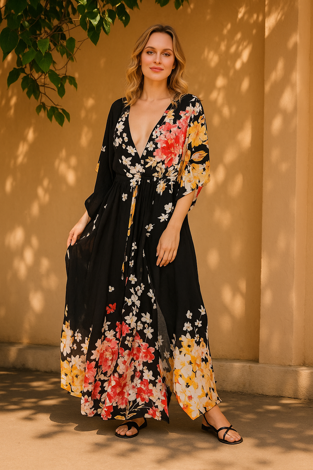 Multicolored Fiore Tie Waist Keyhole Kaftan