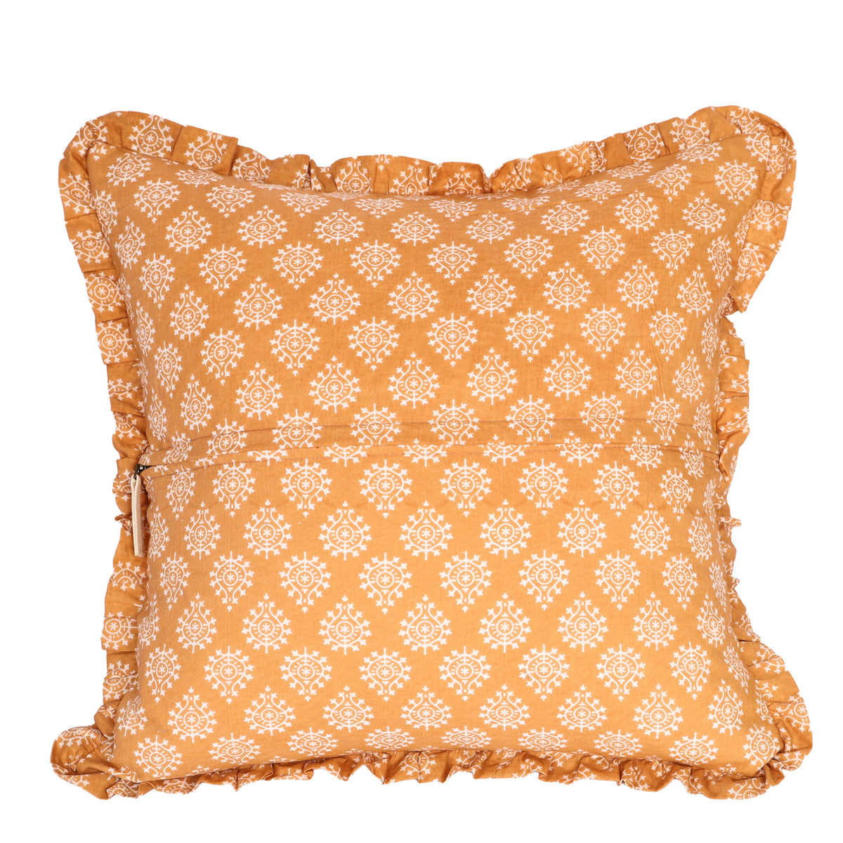 Block-Printed Pillow Cover | 20x20 Ruffled Cotton, Hidden Zipper