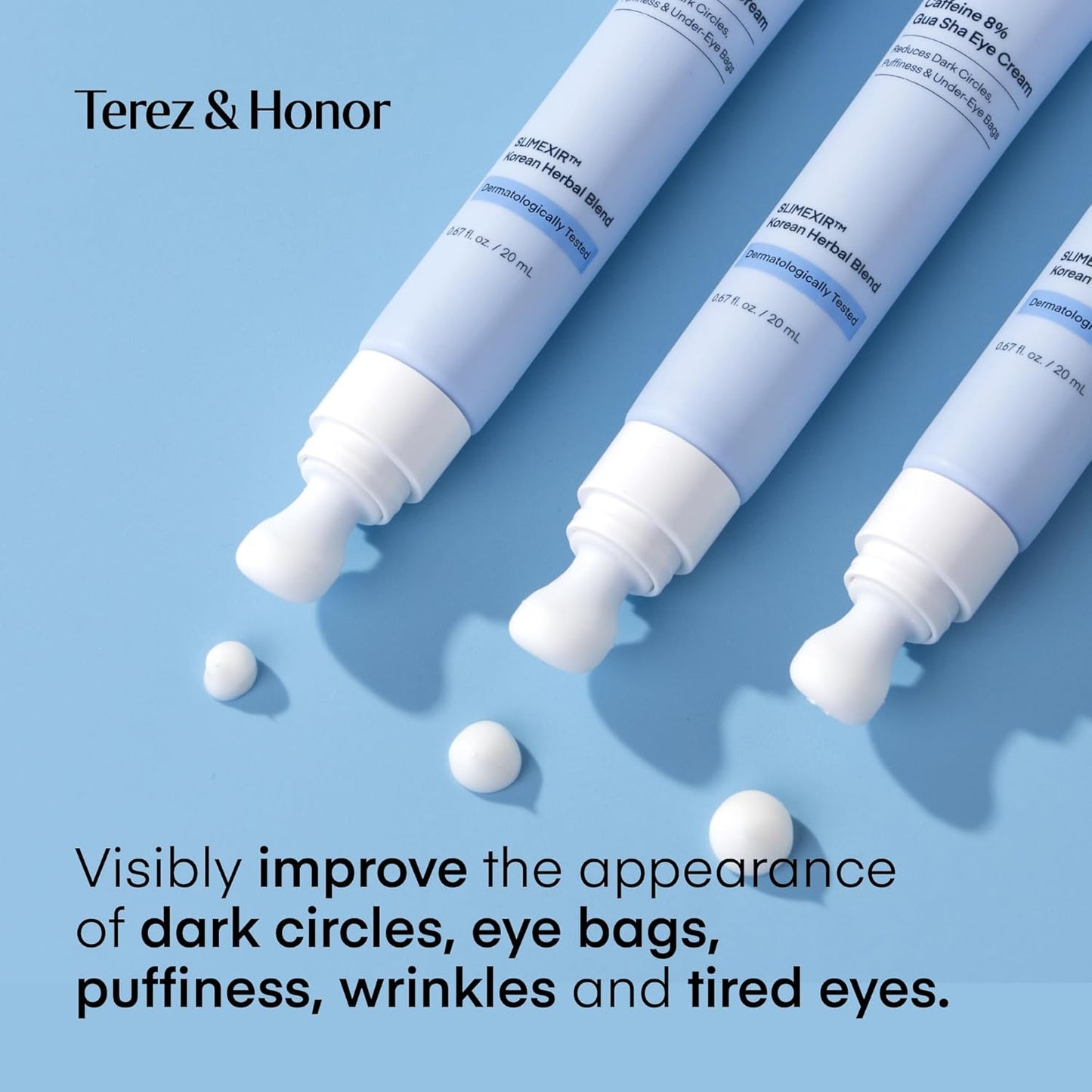 Terez & Honor Under Eye Patches for Dark Circles with 8% Caffeine Eye Cream - Eye Care 2 Step Kit, Dermatologist Tested Korean Skincare Formula, 60 Pcs + 20mL