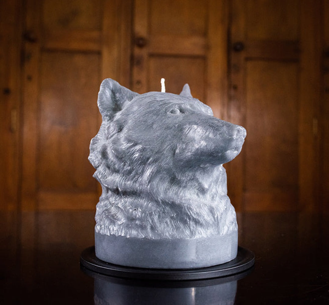 Gunmetal Grey Wolf Head Candle