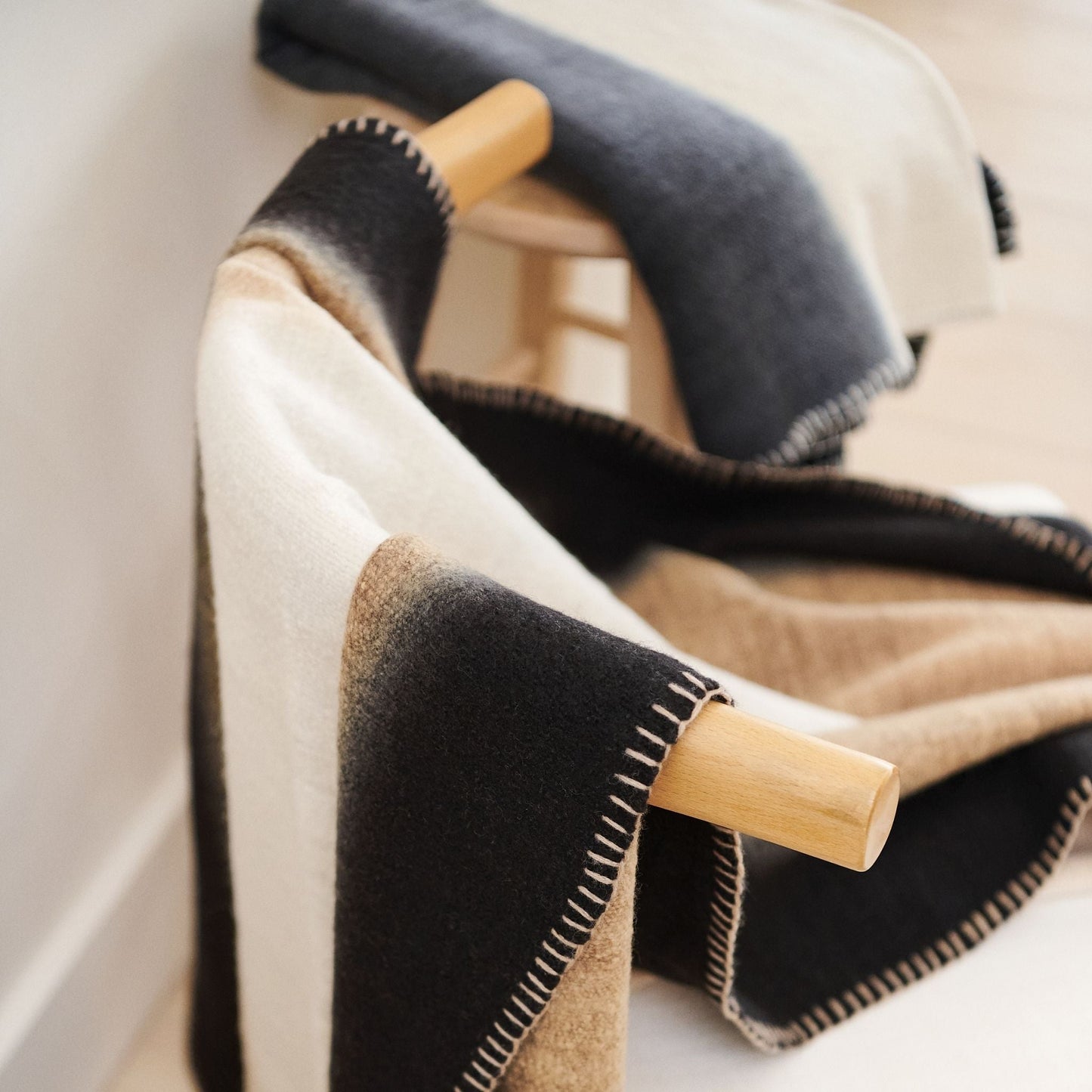 Ink Black White Ombre Textured Throw  In Hand Spun Merino And Hand Stitched Hem