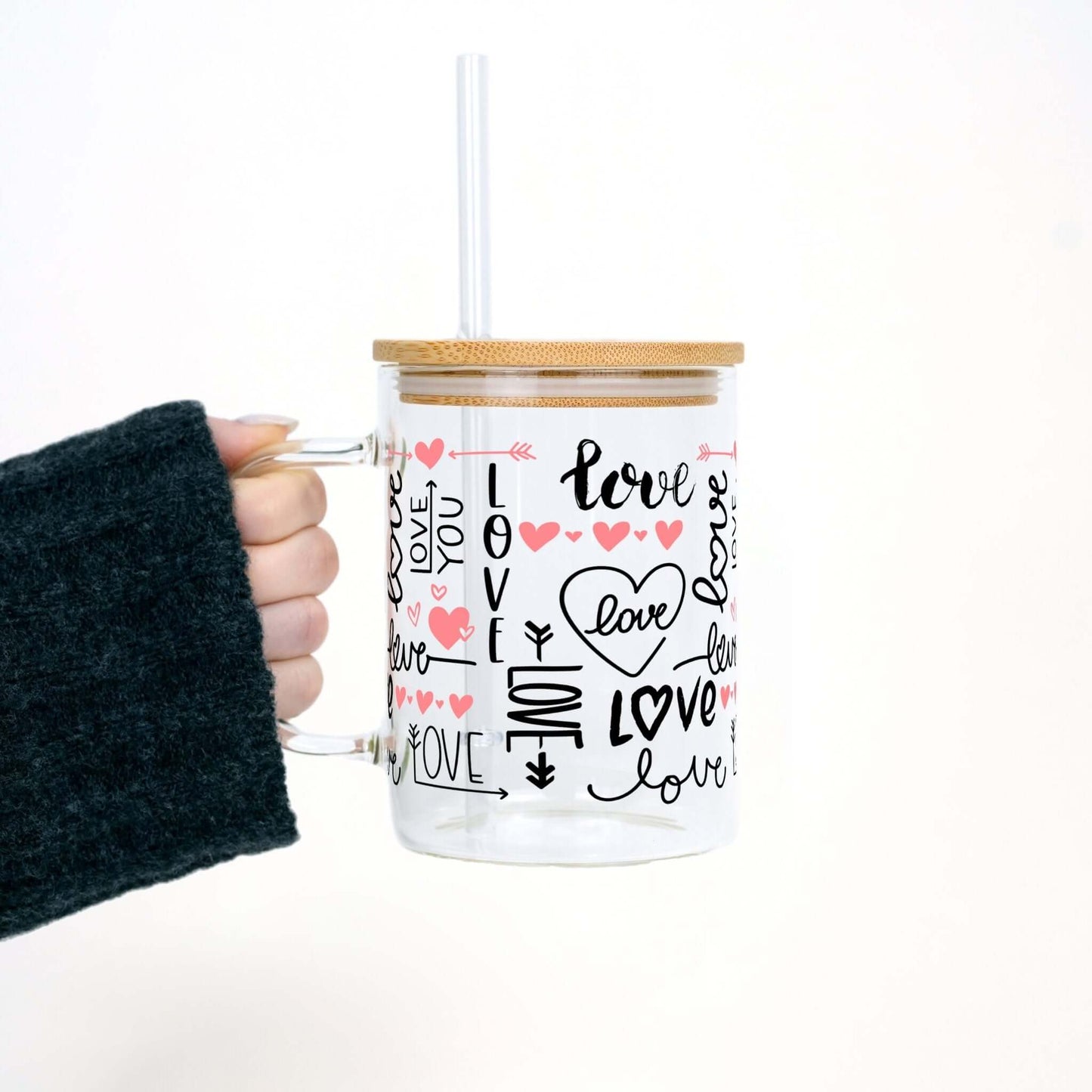 Love Script 17oz Glass Mug With Lid and Straw