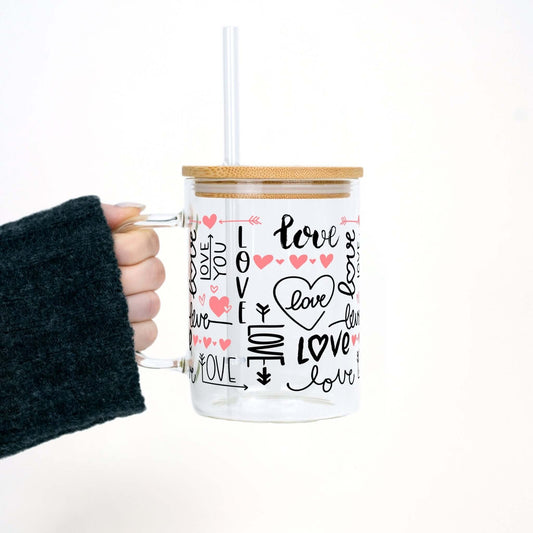 Love Script 17oz Glass Mug With Lid and Straw
