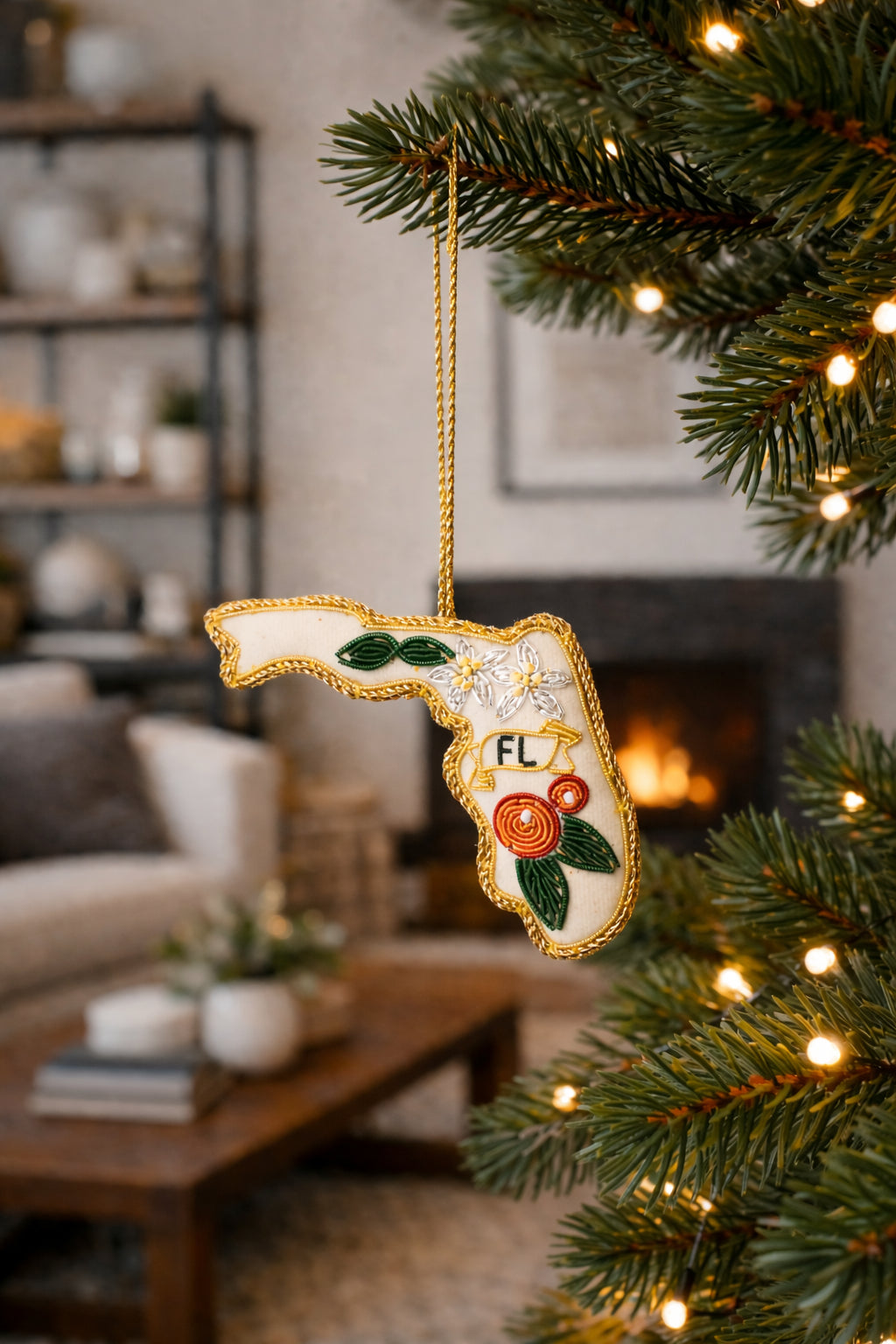 Florida State Orange Blossom Beaded Fabric Ornament - Embroidered
