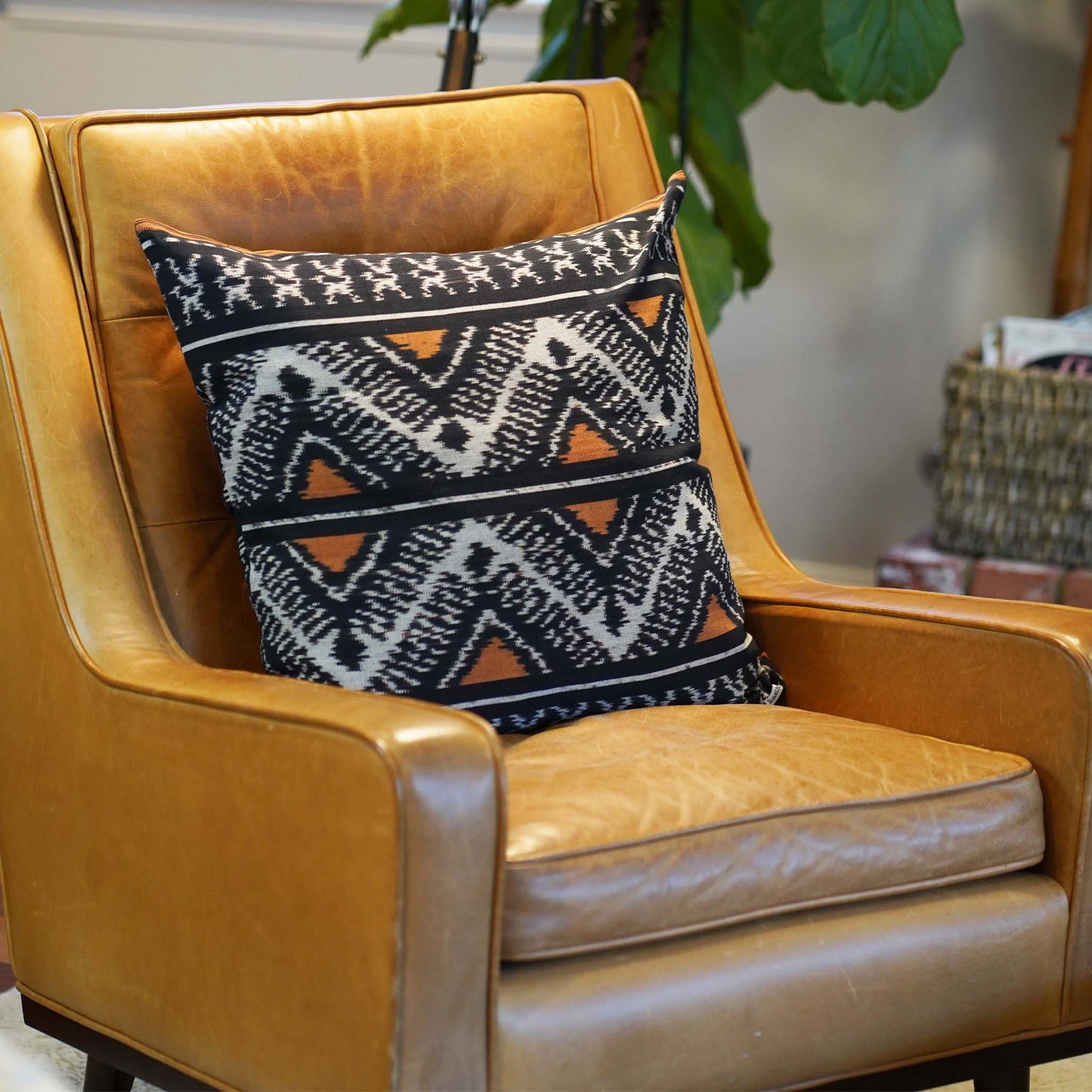 Handwoven Ikat Pillow Cover, Heritage Fire, Black and Orange. 22 x 22inches, Cushion