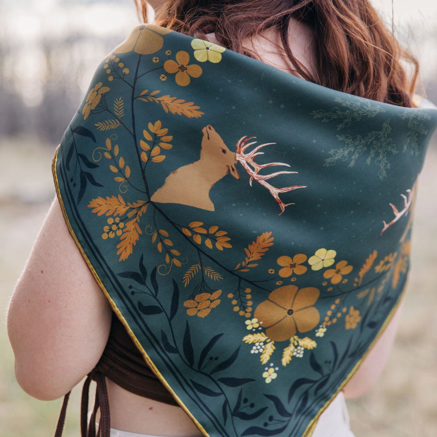 100% Silk Scarf: Haven - Golden Wildflowers & Elk