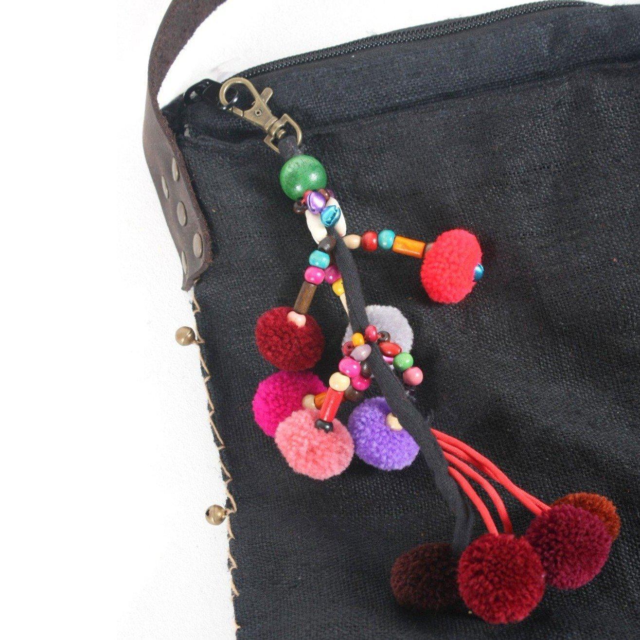 Cascade Pom Pom Keychain | Handmade Zipper Pull with Beads and Bells | Thailand