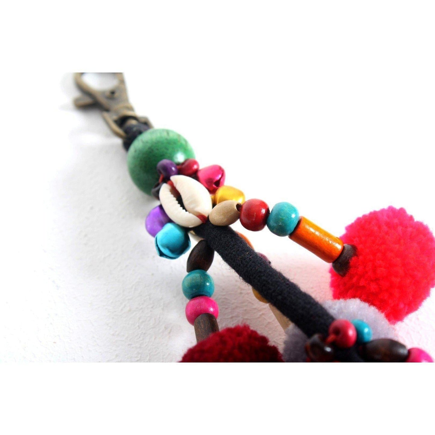 Cascade Pom Pom Keychain | Handmade Zipper Pull with Beads and Bells | Thailand
