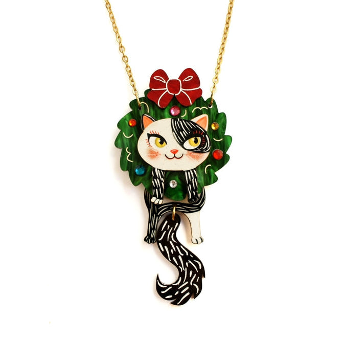 Cat in A Christmas Wreath Necklace by Laliblue