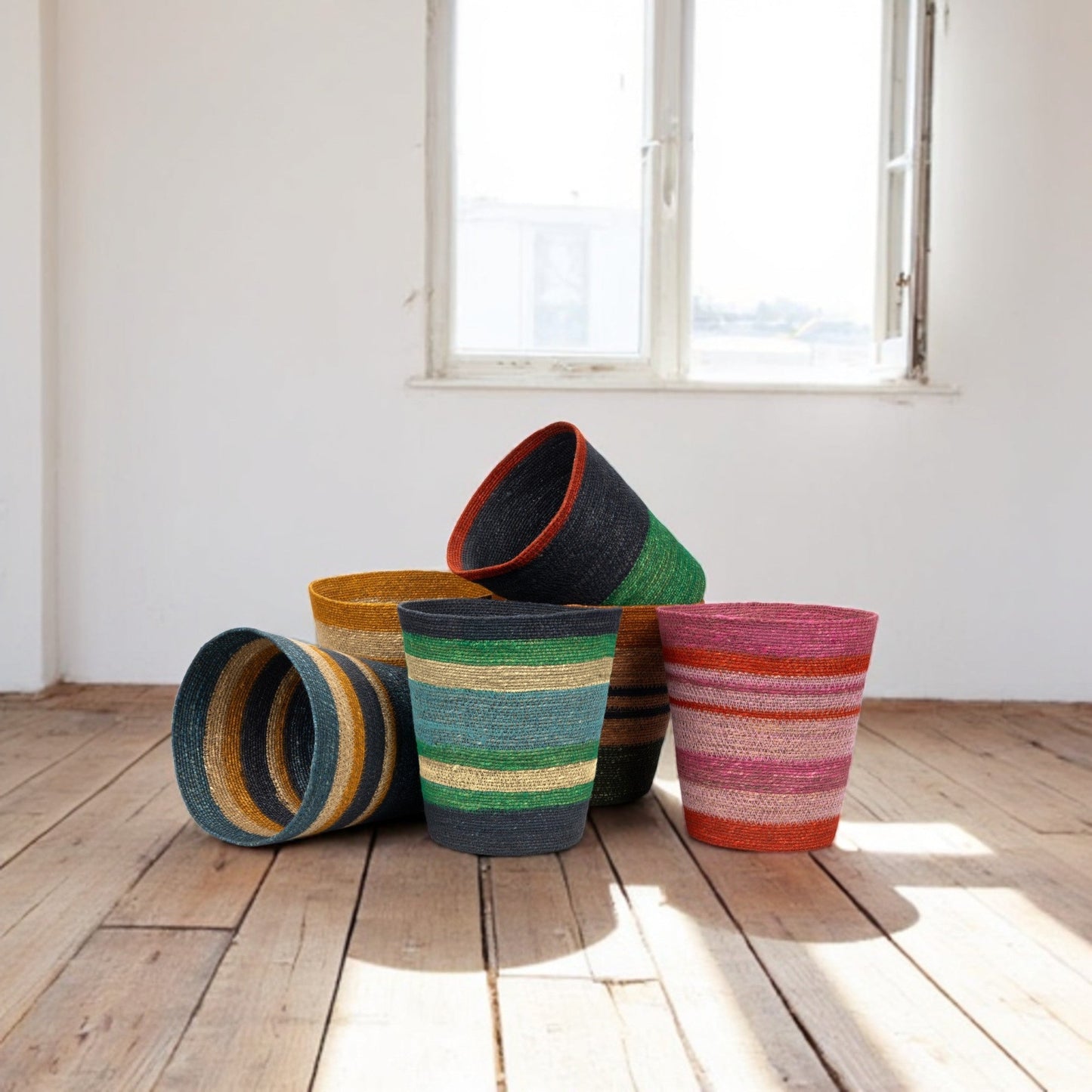 Striped Seagrass Waste Paper Baskets - Mixed Set of 6