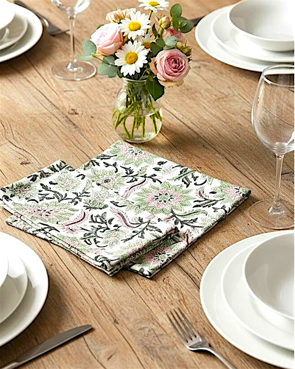 Pink Green Floral Cotton Napkins Set of 4, Hand Block Print Dining Table Decor