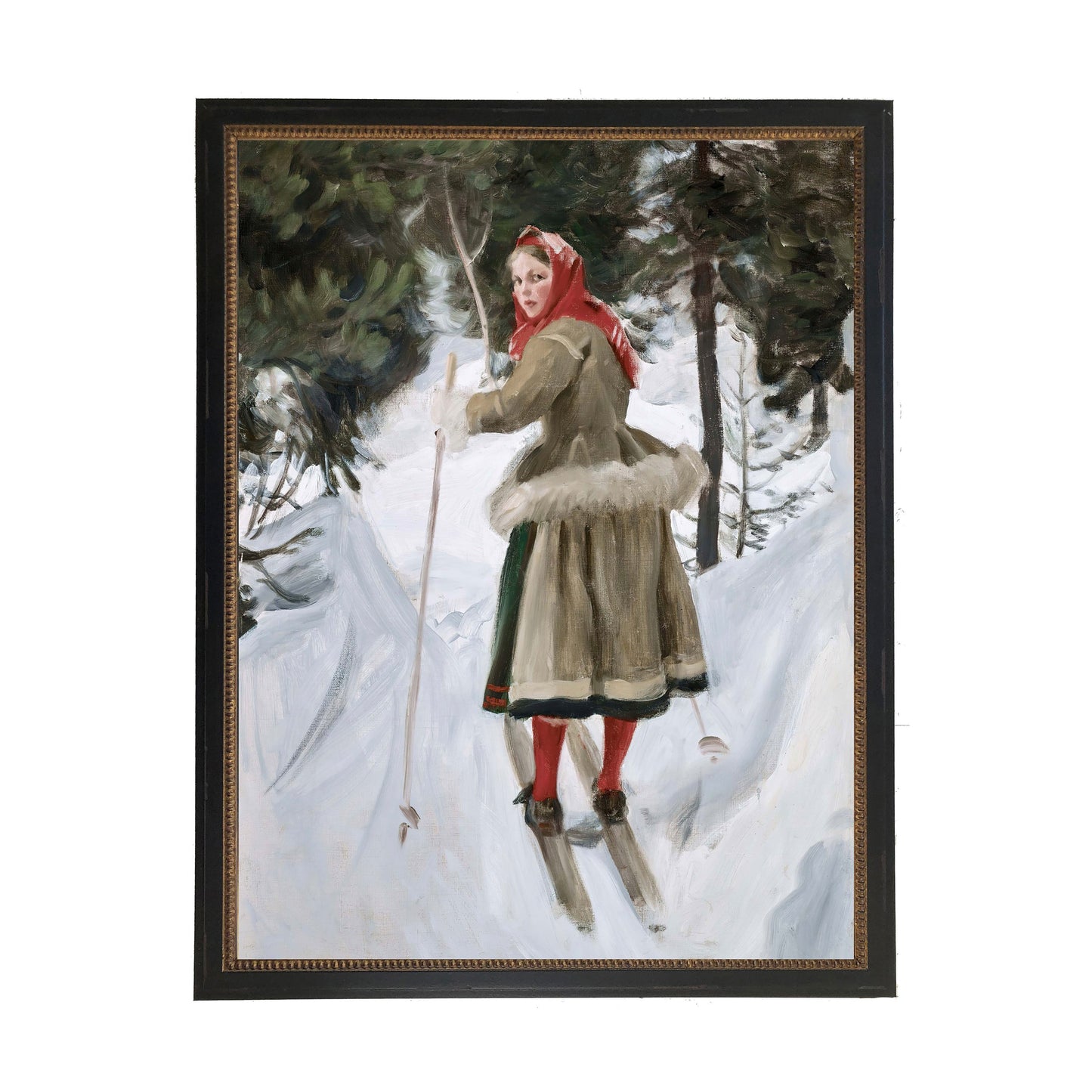 Vintage Oil Painting of Woman Skiing