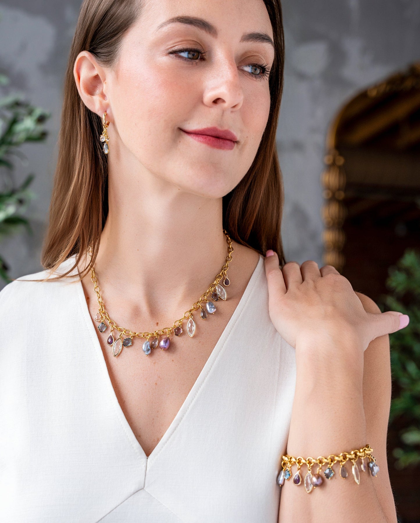 Colorful Gemstone and Pearl Charm Necklace