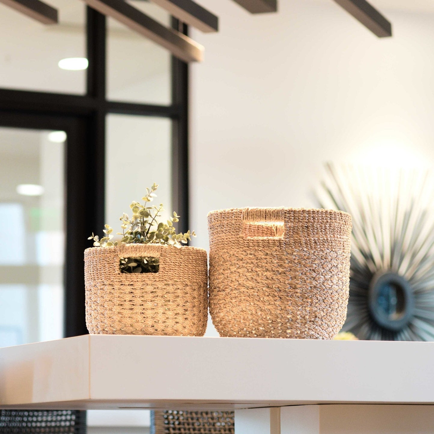 S/2 Grey + Natural Round Bottom Baskets