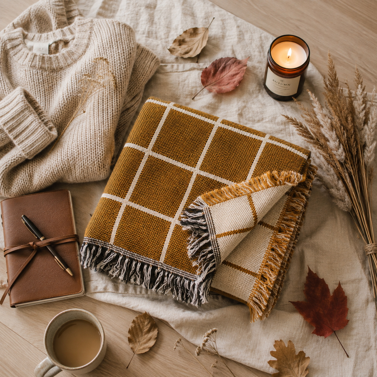 Golden Brown Grid Jacquard Woven Throw