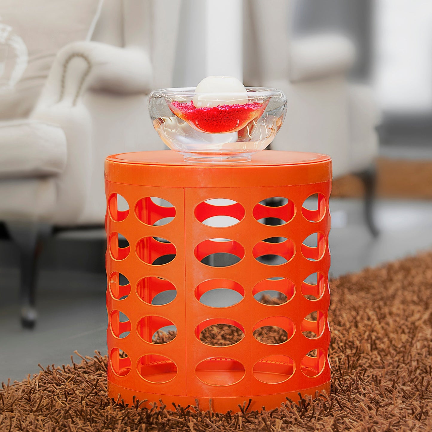 Otto Storage Stool | Round Plastic Storage Ottoman with Oval Perforated Pattern