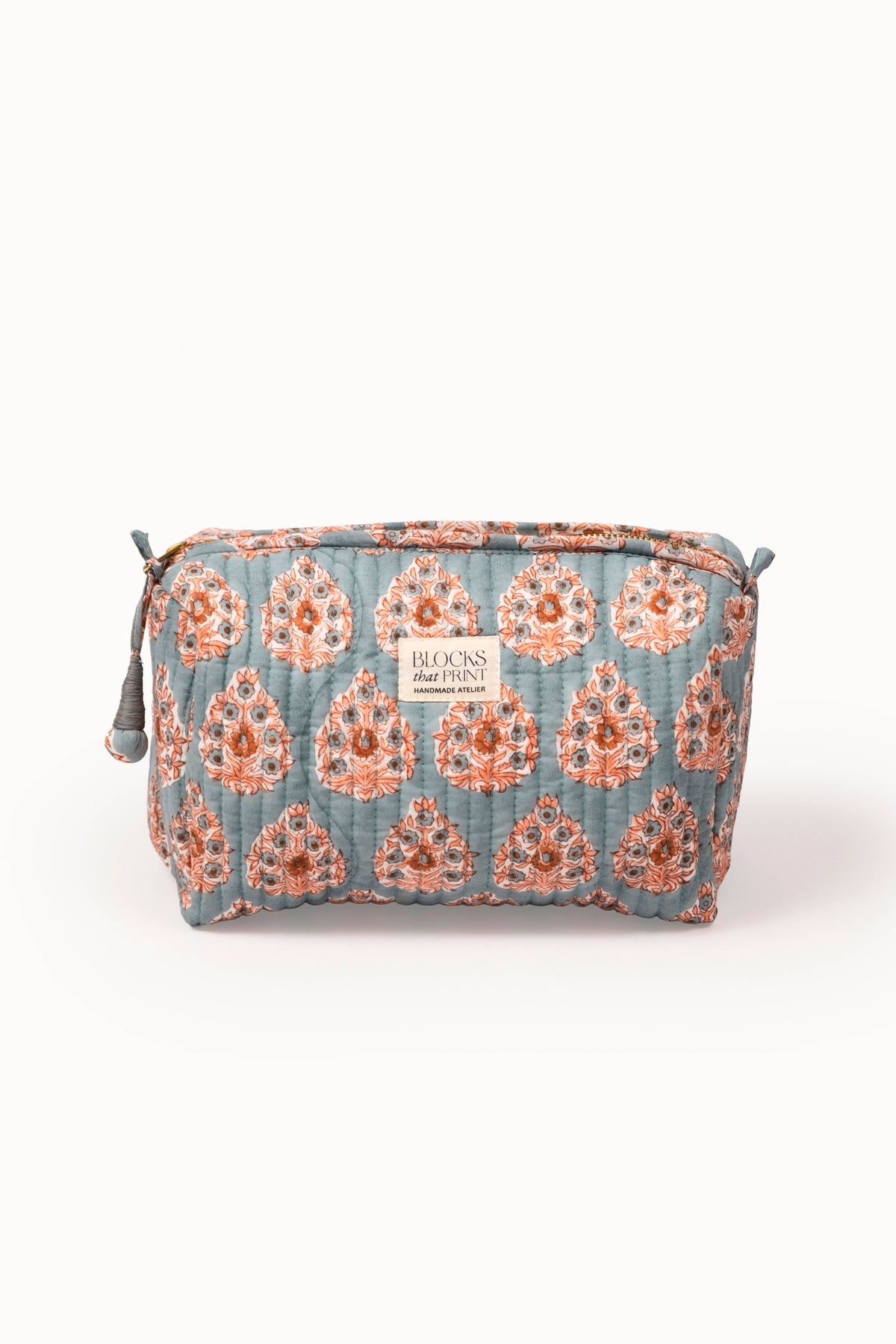 Large Block Print Quilted Travel Pouch - Terracotta Buta