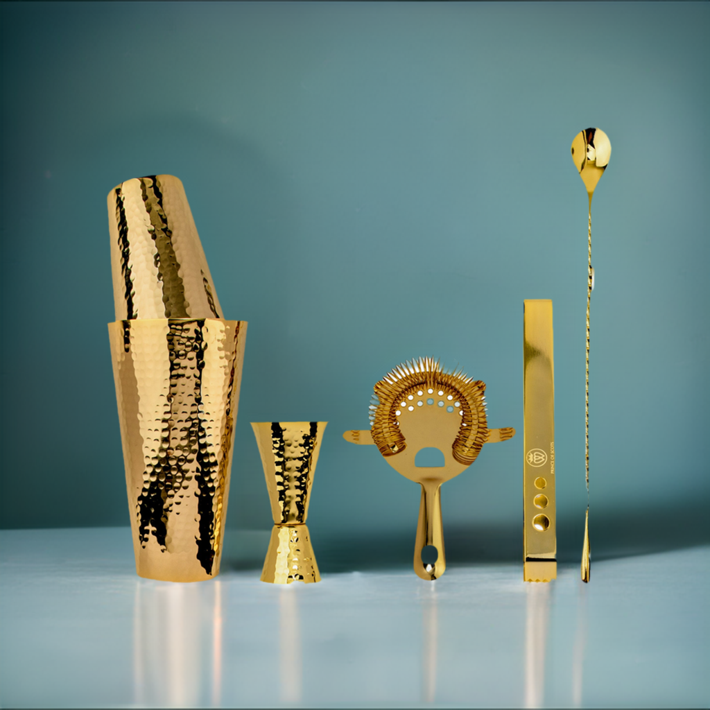 24K Gold Plate Hammered Copper Cocktail Shaker Set