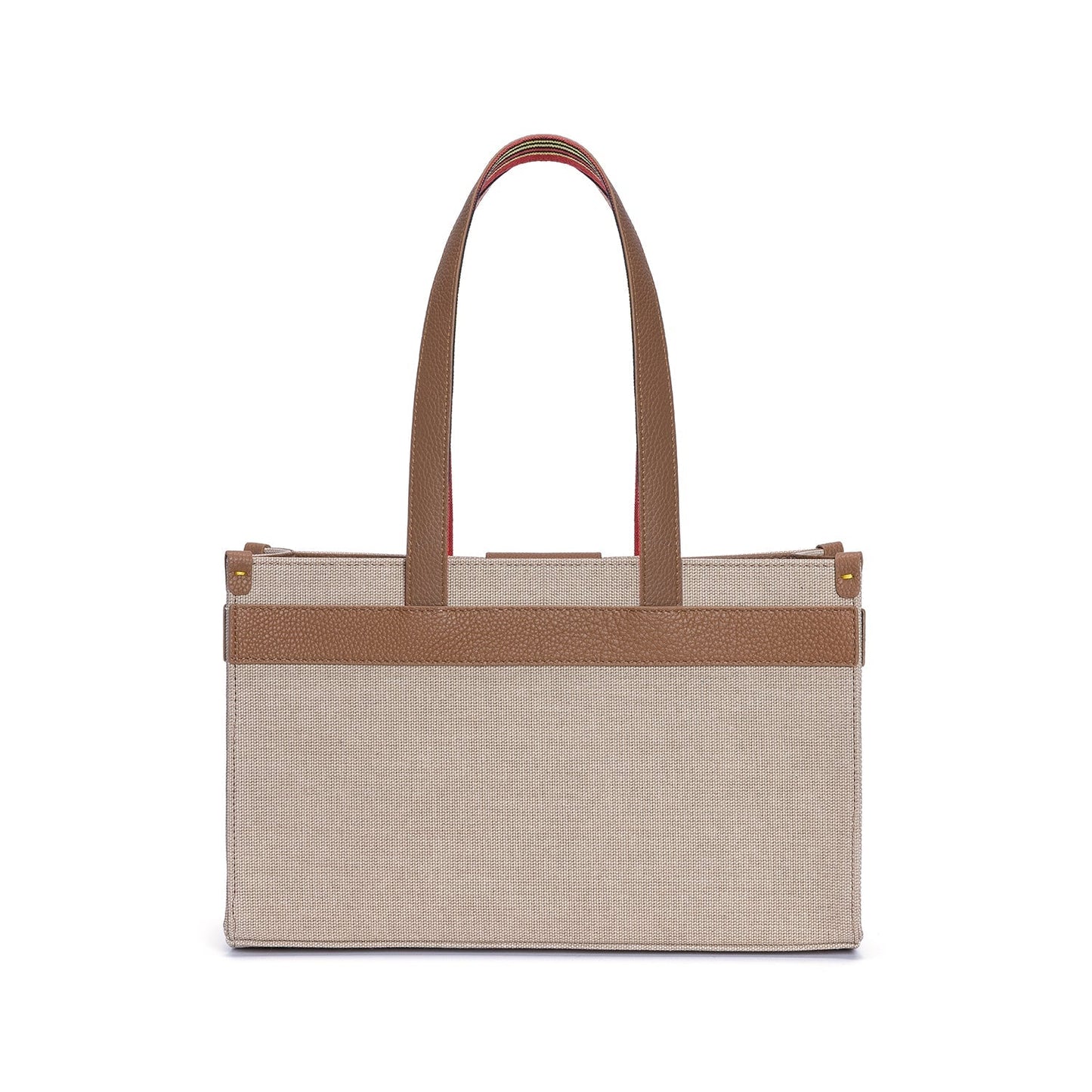 Midi Tobacco Leather & Canvas Tote Bag with Pockets