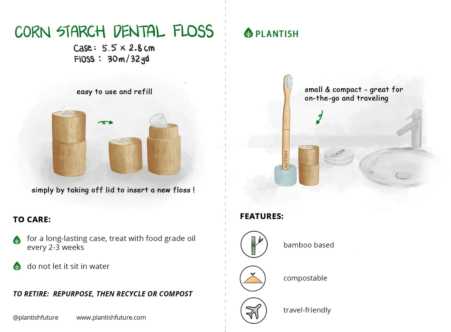 Cornstarch Dental Floss with Refillable Bamboo Case - 30m Zero-Waste Oral Care