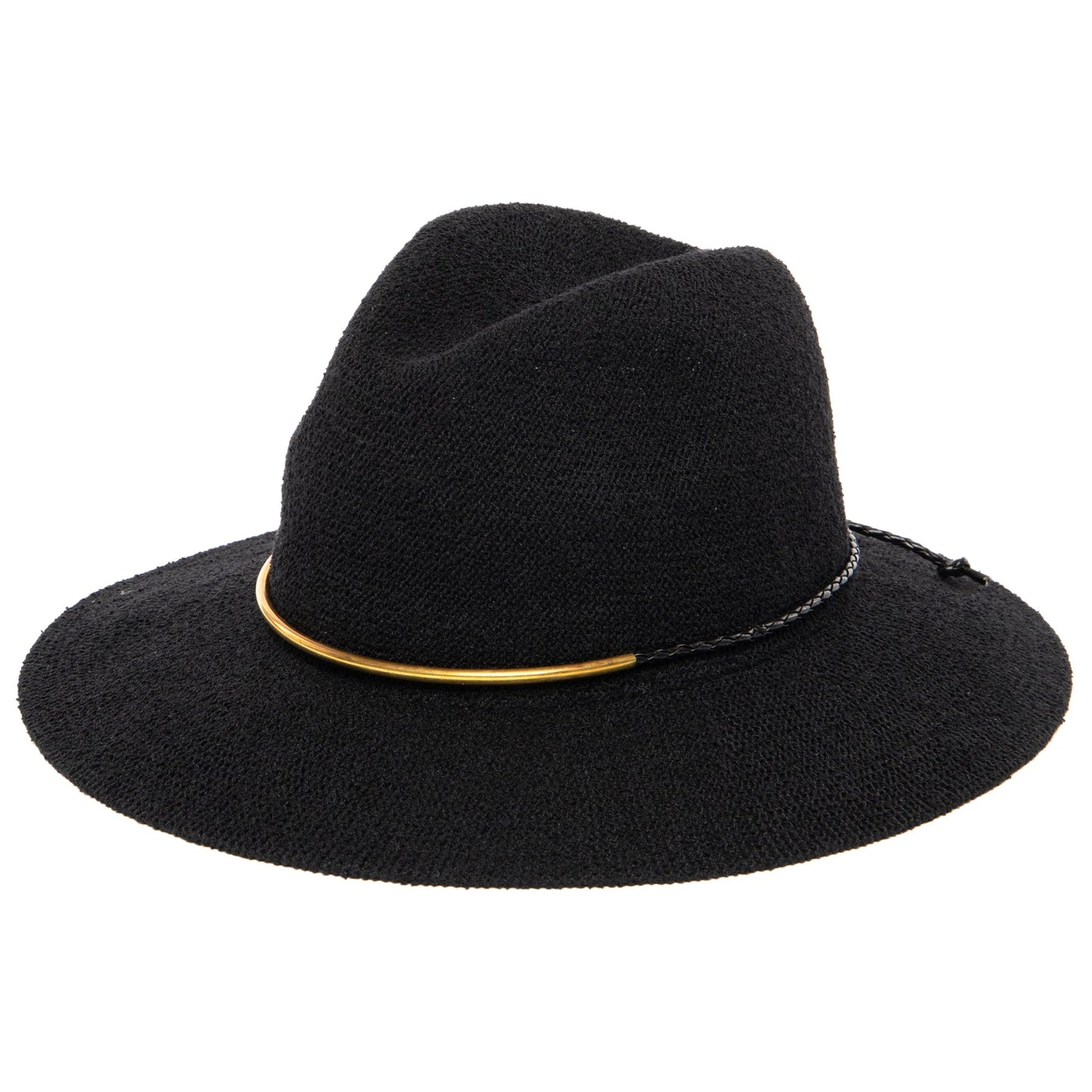 Women's Knit Fedora with Braided Faux Leather and Gold Trim