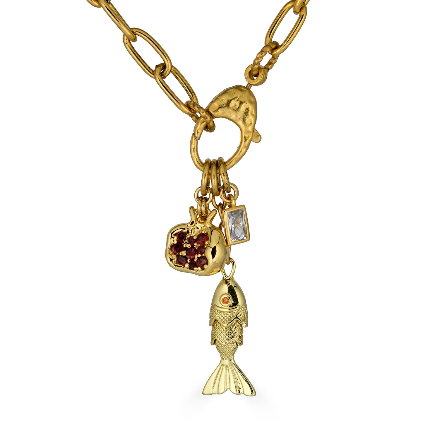 Fish and Pomegranate Charm Drop Necklace