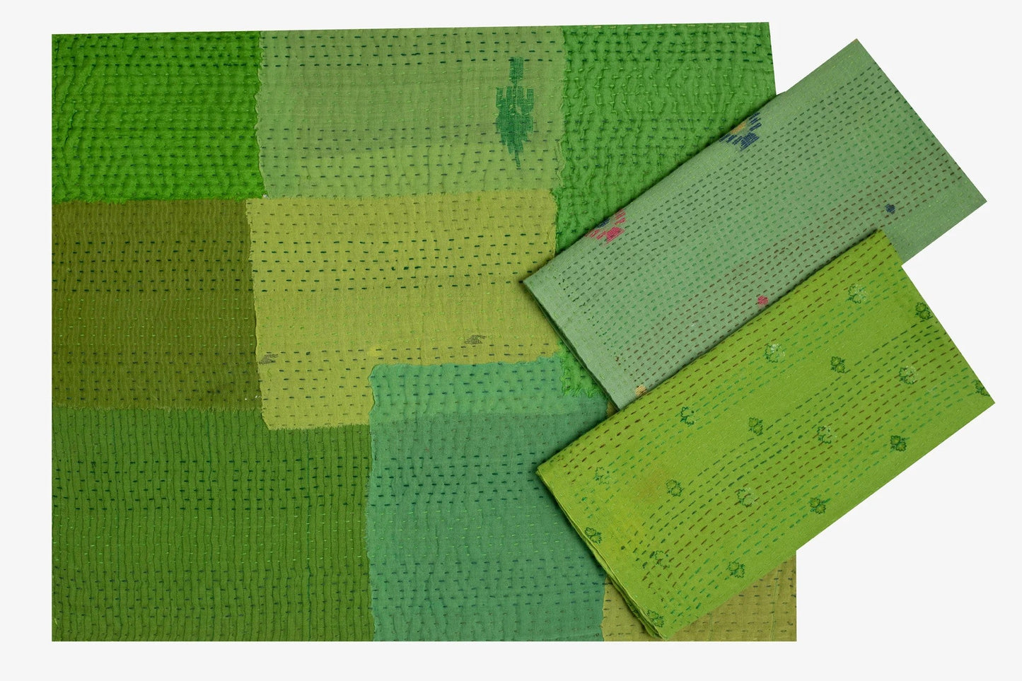 S/2 Mosaic Fray Patch Vintage Kantha Placemat - Lime Green