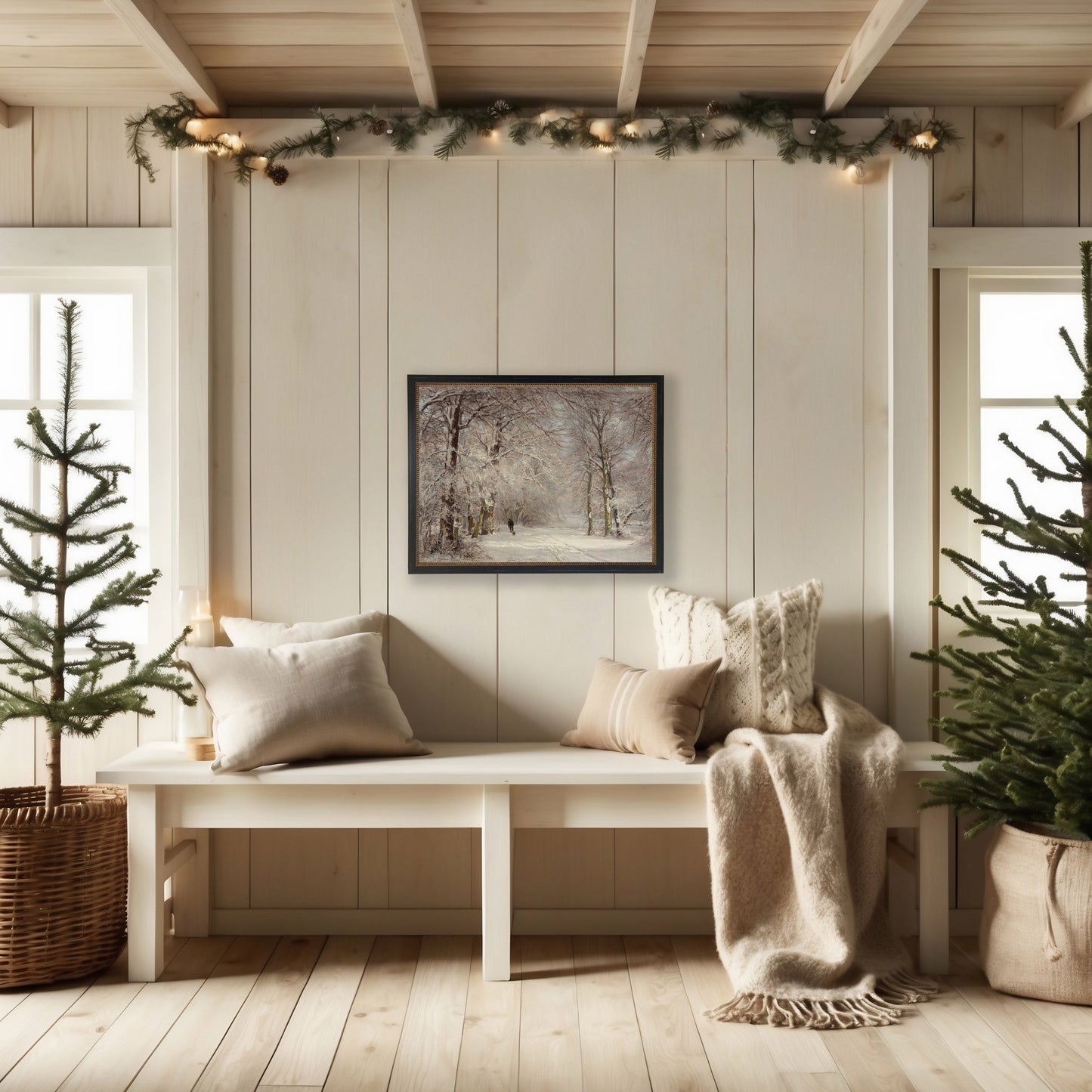 Vintage Oil Painting of Person Walking in Snowy Woods